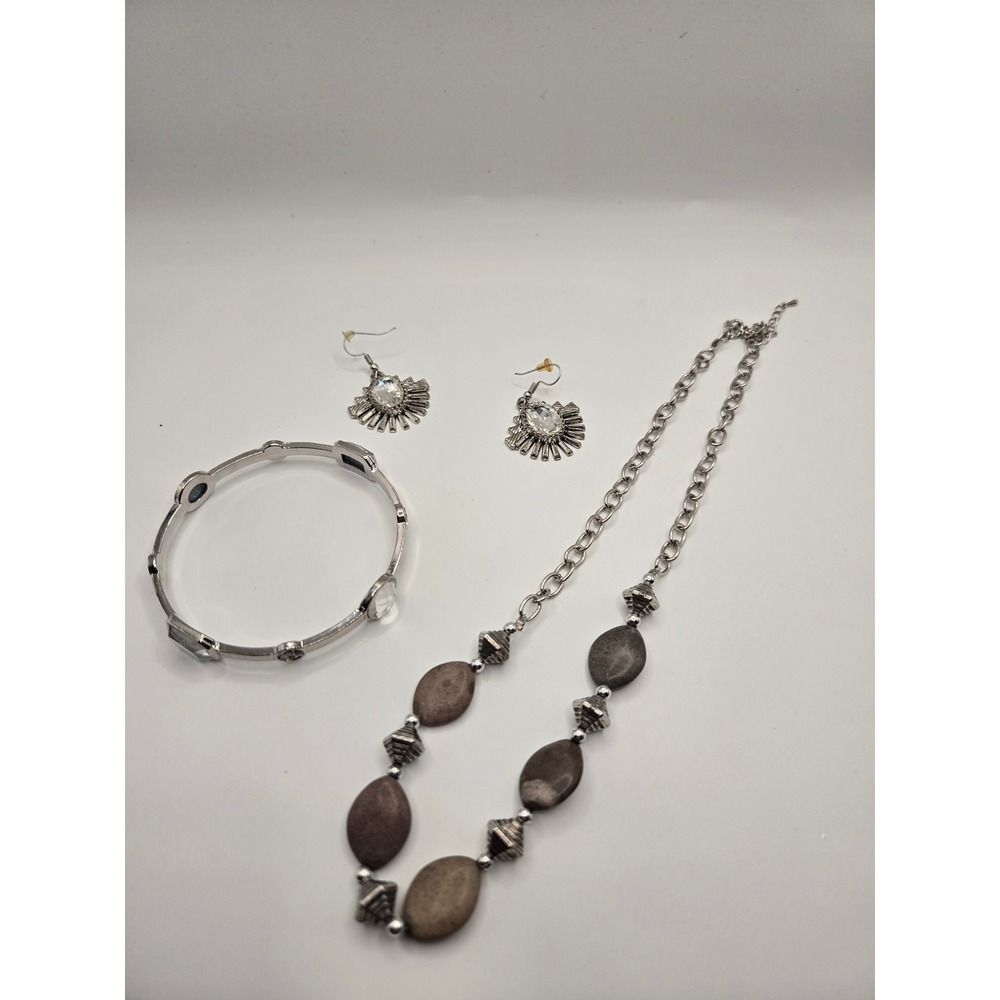 Silver Tone Jewelry Set Stone Bead Necklace Crystal Bangle Sunburst Earrings